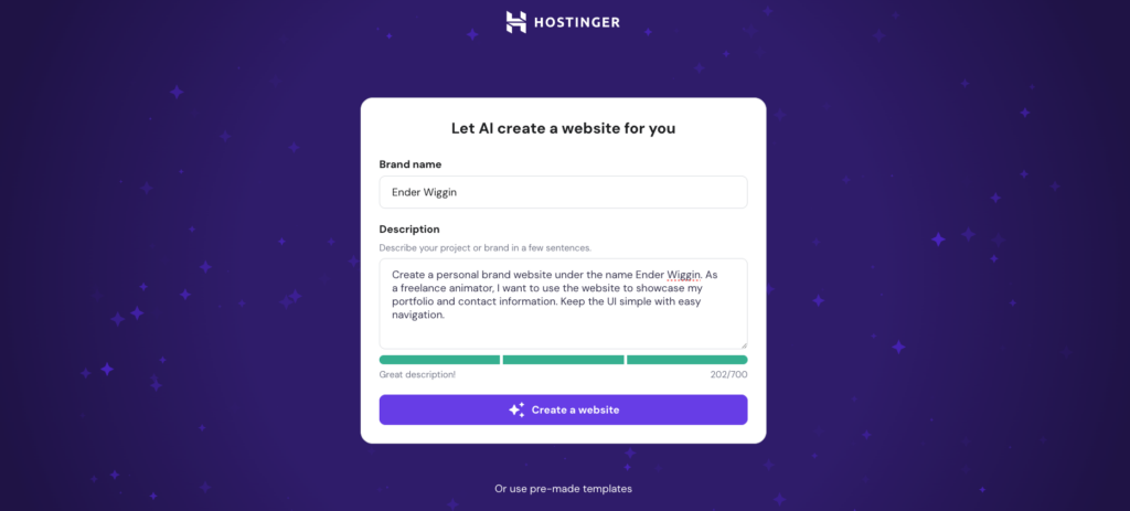 Hostinger AI website creation form