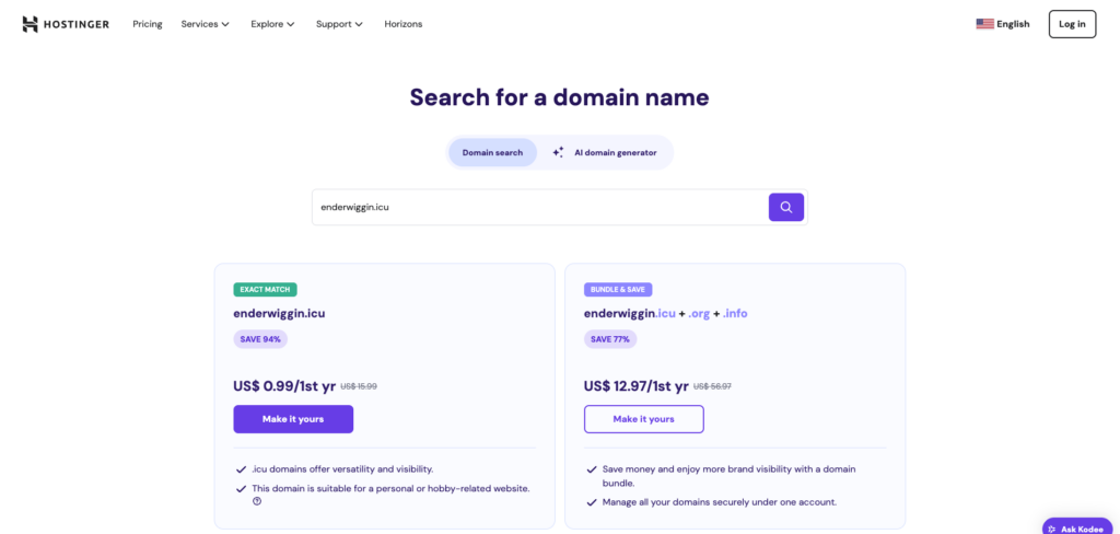 Hostinger domain name checker verifying a domain's availability