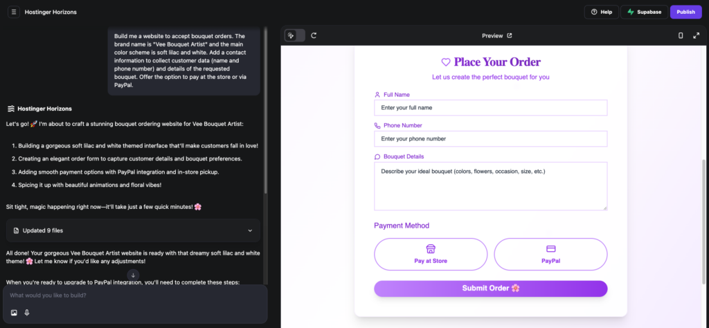 Hostinger Horizons AI chat interface