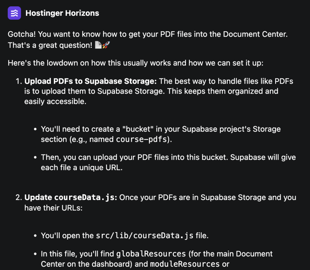 Hostinger Horizons guiding the user