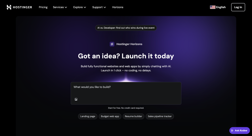Hostinger Horizons homepage
