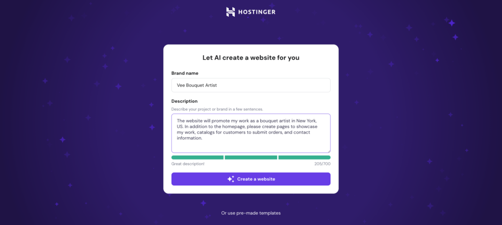 Hostinger Website Builder AI creation form
