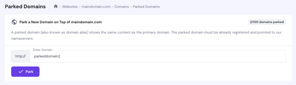 Domain parking feature in Hostinger's hPanel dashboard