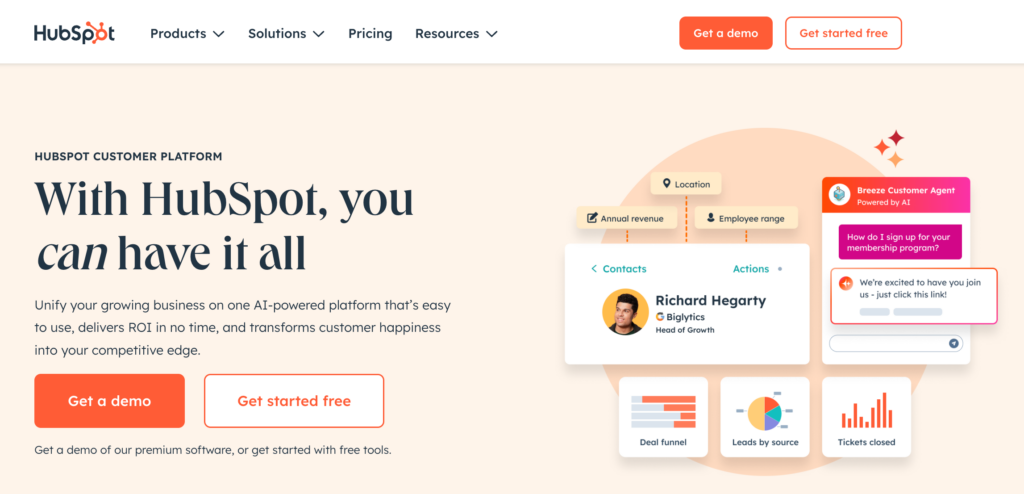 Homepage of Hubspot
