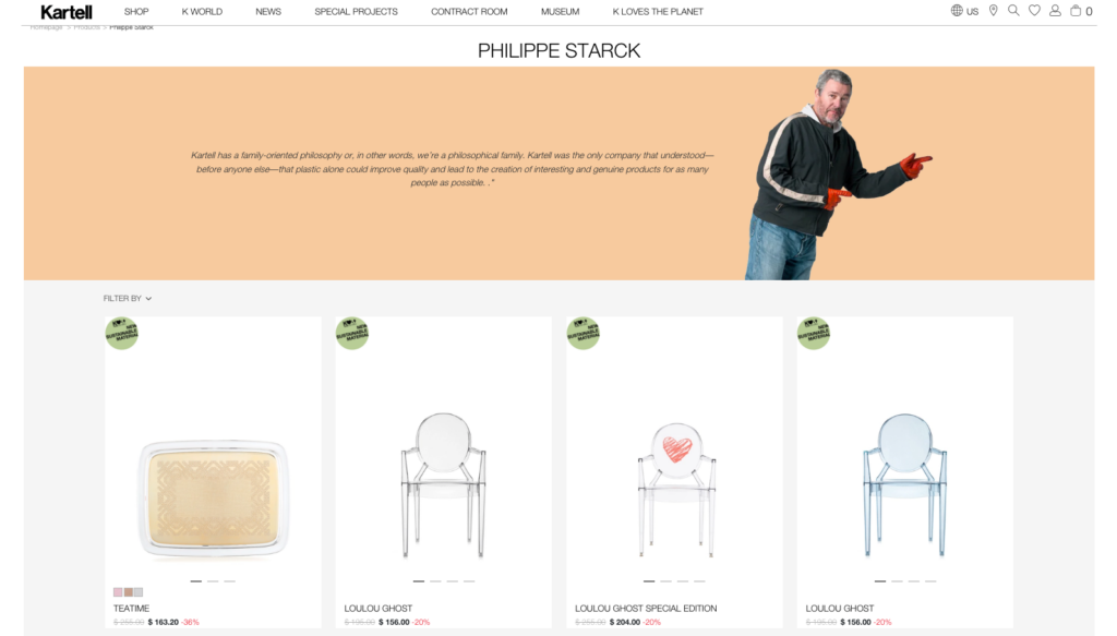 Kartell product page, displaying Philippe Starck's furniture designs
