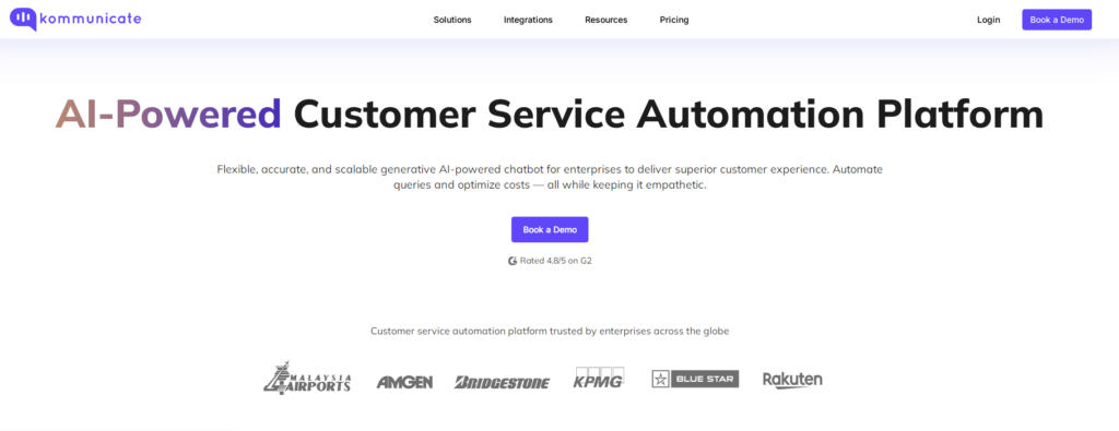Homepage of Kommunicate showcasing their AI-powered customer service platform, emphasizing flexibility, accuracy, and enterprise trust.