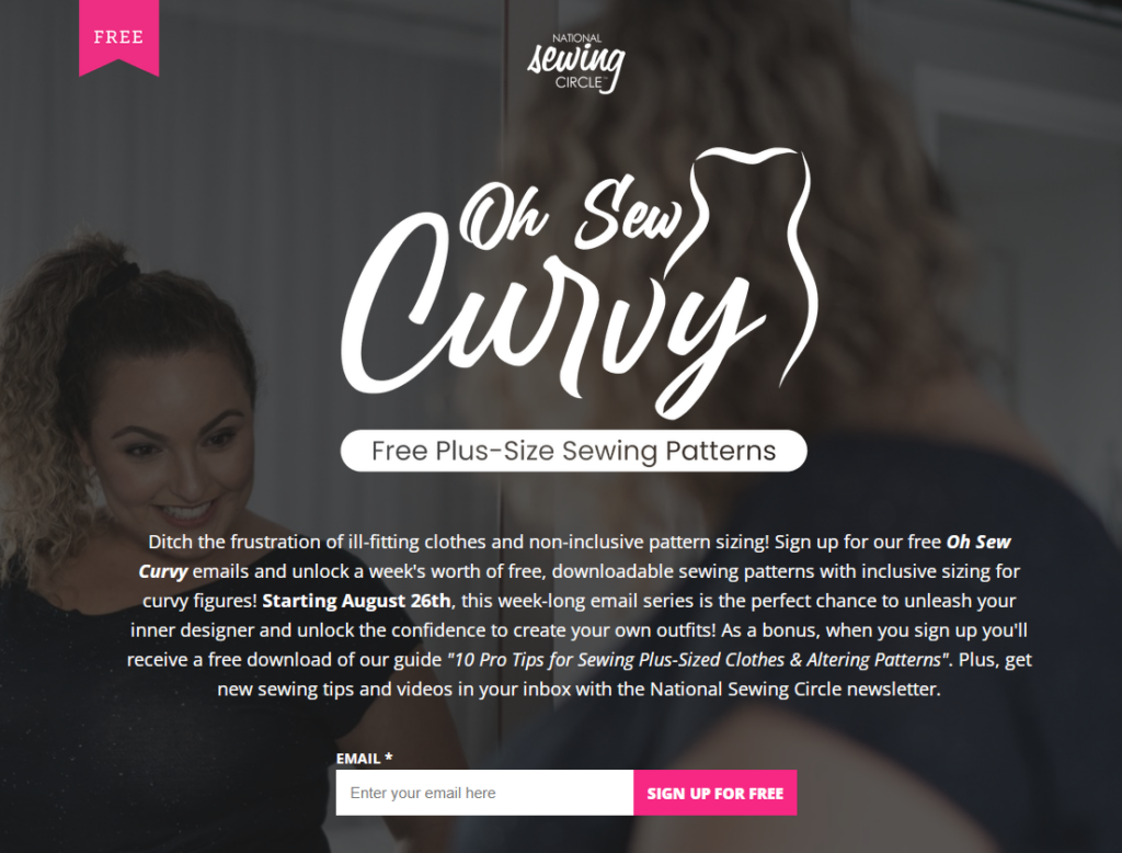 Promotional graphic for "Oh Sew Curvy" featuring free plus-size sewing patterns and tips for creating stylish outfits.