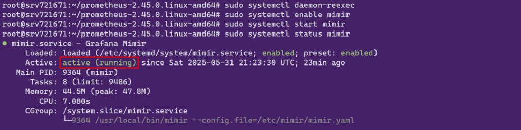 System service for Mimir is active and running.