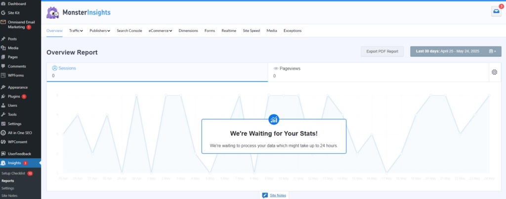MonsterInsights dashboard displays an overview report with zero sessions and pageviews, awaiting data processing for statistics.