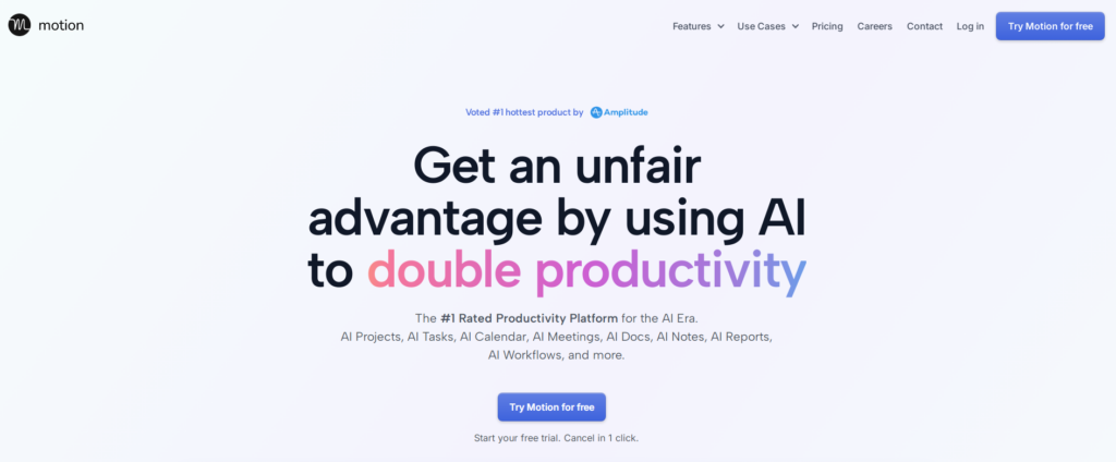 A promotional banner for the Motion app highlighting AI-driven productivity tools with a call to action to try it for free.