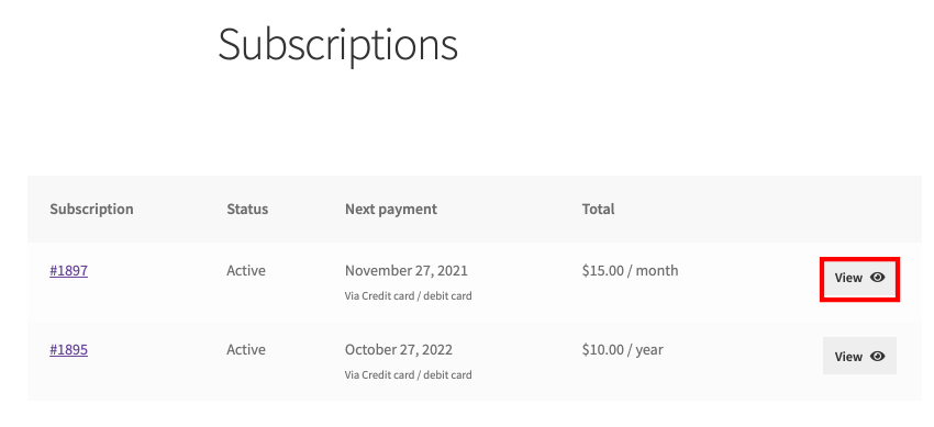 The subscriptions tab on the My Account page with the view button next to a WooCommerce subscription highlighted