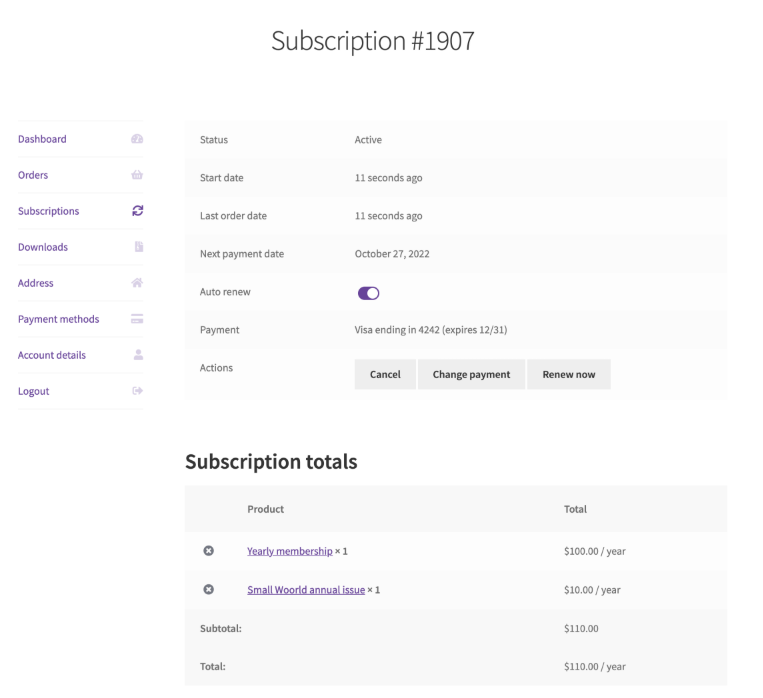 The subscription details page off a WooCommerce subscription