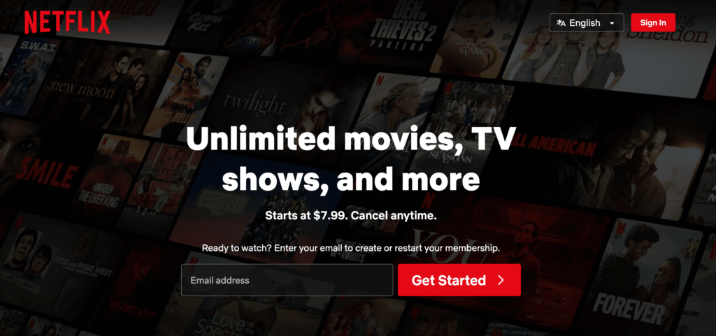 Homepage of Netflix