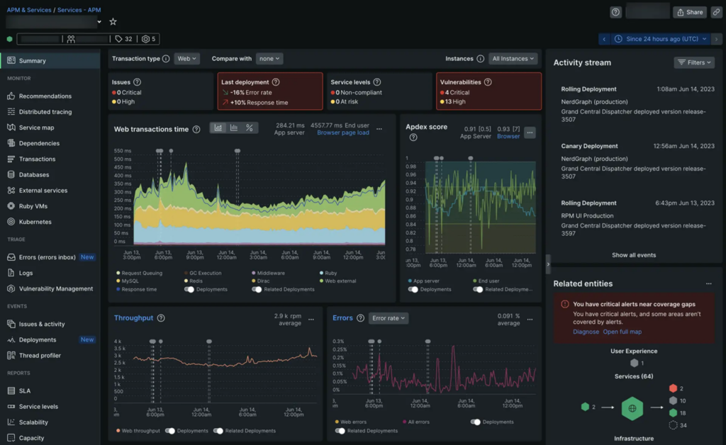 Image of the New Relic UI, which displays a summary overview dashboard of a demo service.
