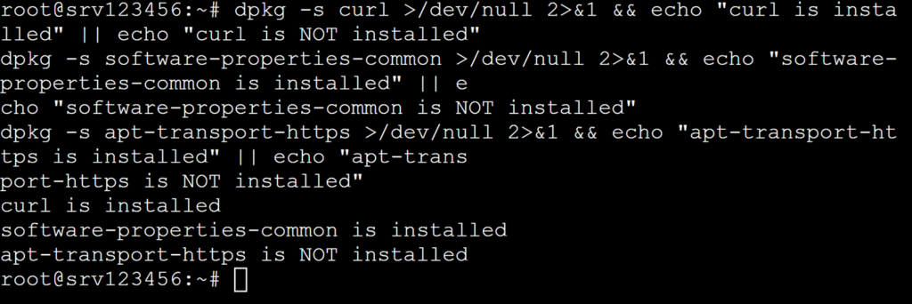 Output of the package checker script above, which displays that curl and software-properties-common are installed, but apt-transport-https is not present in the system. 