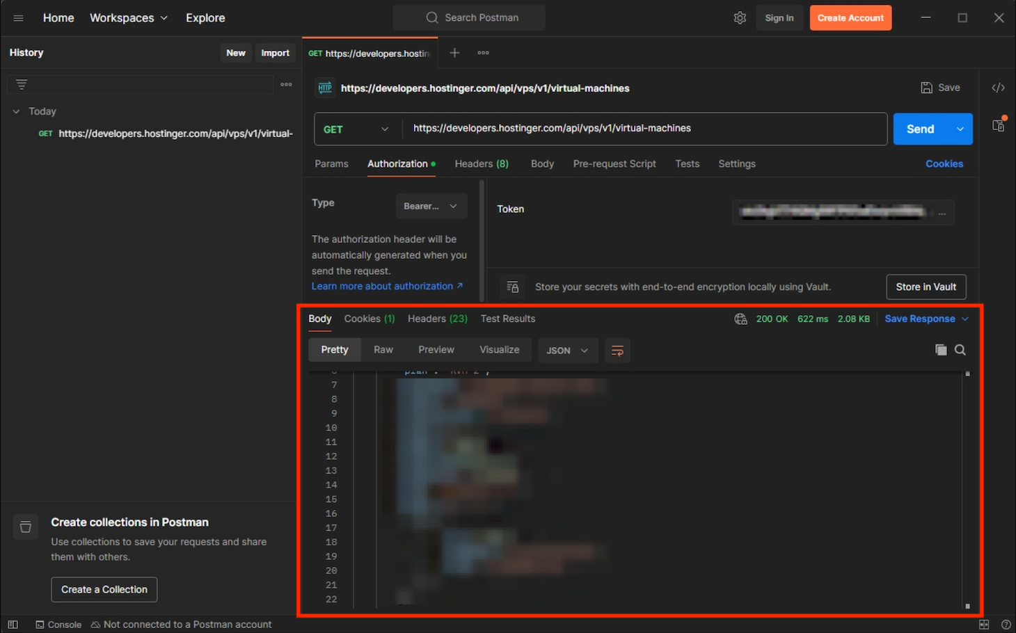 An API call's response in the Postman client's dashboard