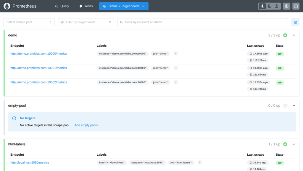 Image of the Prometheus user interface displaying a sample metric scraping configuration on targeted demo endpoints.