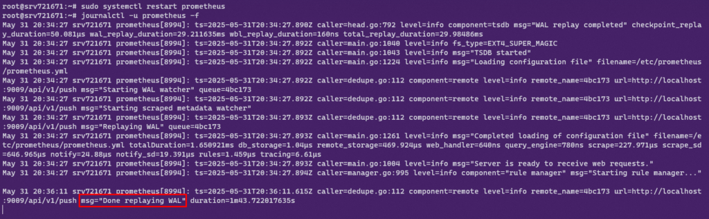 Successful log from Prometheus pushing metrics to Mimir.