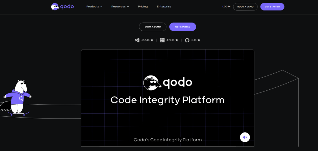 A playful bear mascot in sunglasses skateboards alongside a digital display for Qodo's Code Integrity Platform on a dark background.