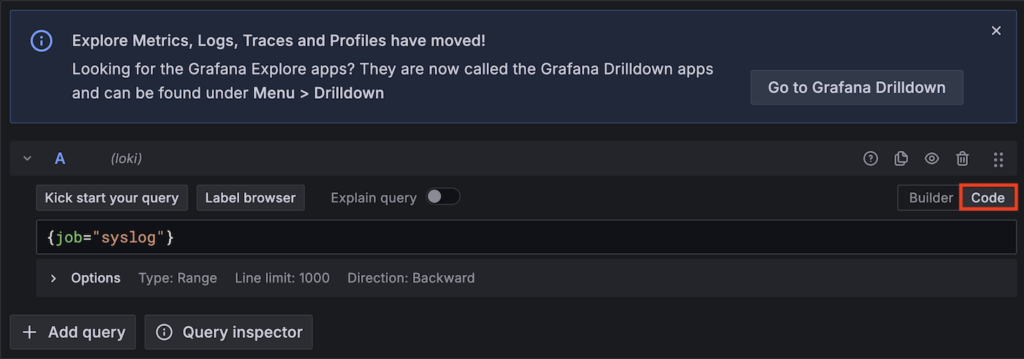 Grafana explore query editor with Code option highlighted in the top right.