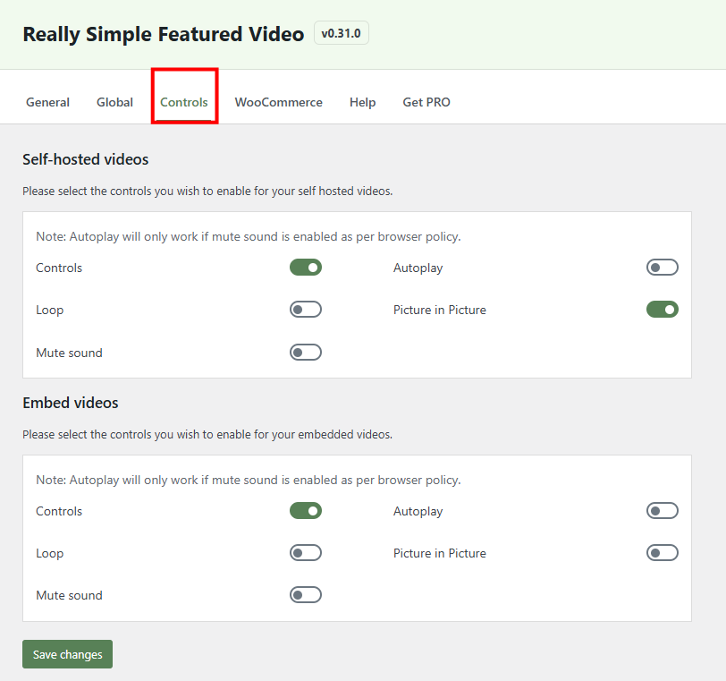 Really Simple Featured Video settings page with the "Controls" tag highlighted