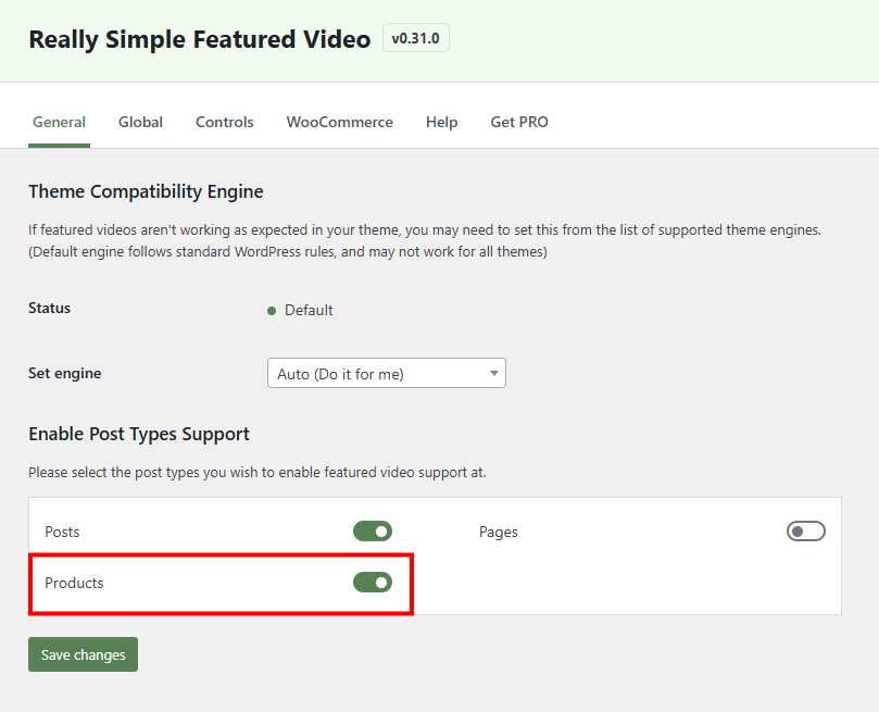 Really Simple Featured Video settings page with the "Products" toggle highlighted