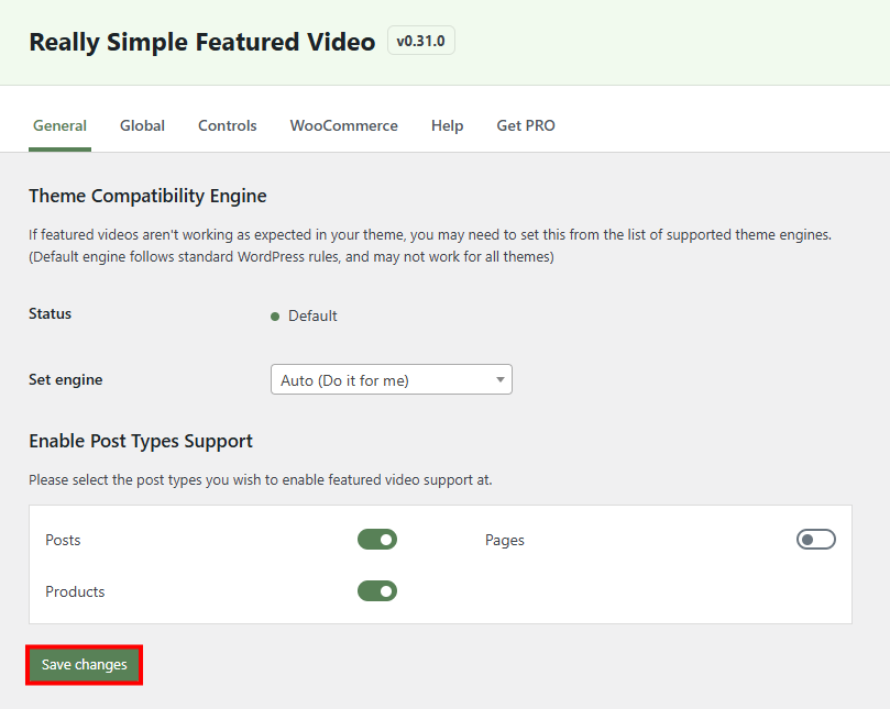 Really Simple Featured Video settings page with the "Save changes" highlighted