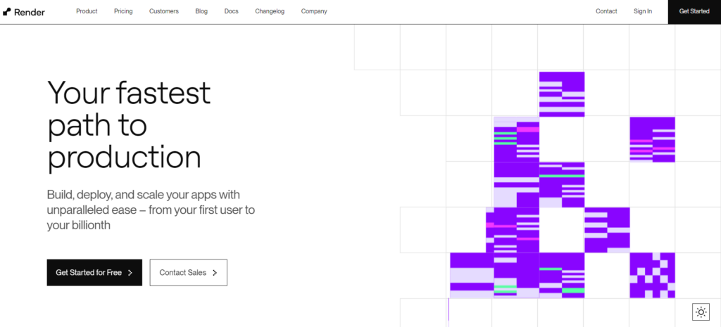 Render homepage showcasing a bold message about building and scaling apps easily, with vibrant abstract graphics in purple tones.