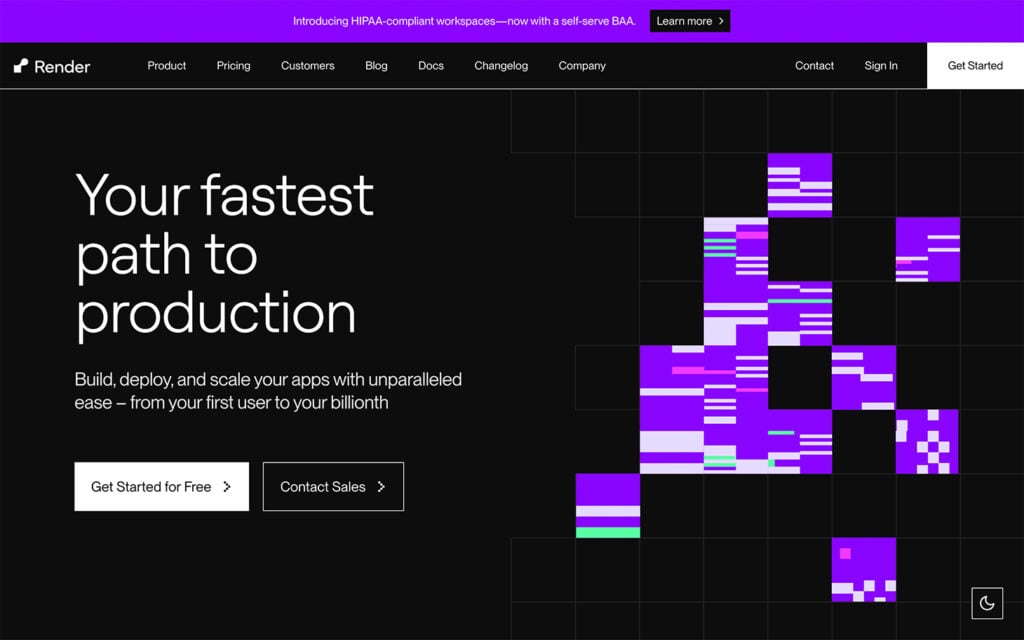 Render homepage showing the tagline "Your fastest path to production" with buttons to get started or contact sales