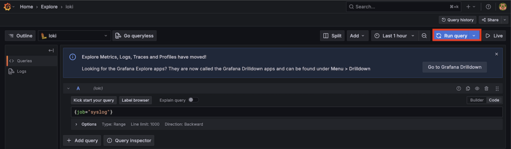 Grafana explore section open with Run query button highlighted at the top right