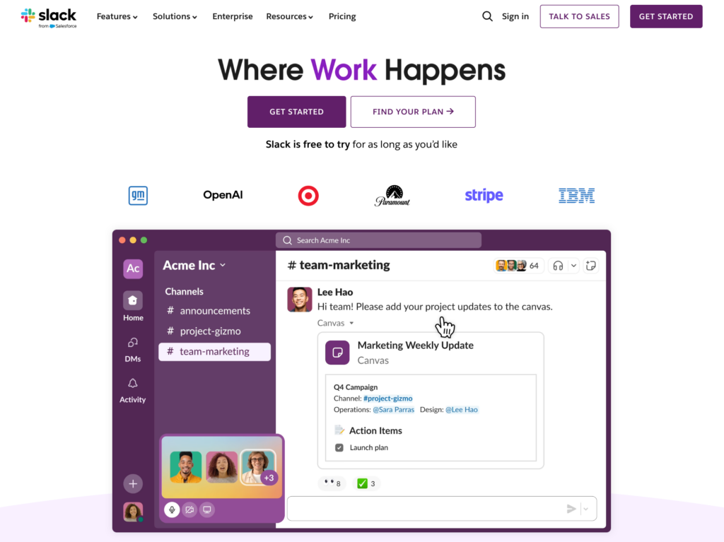 Homepage of Slack