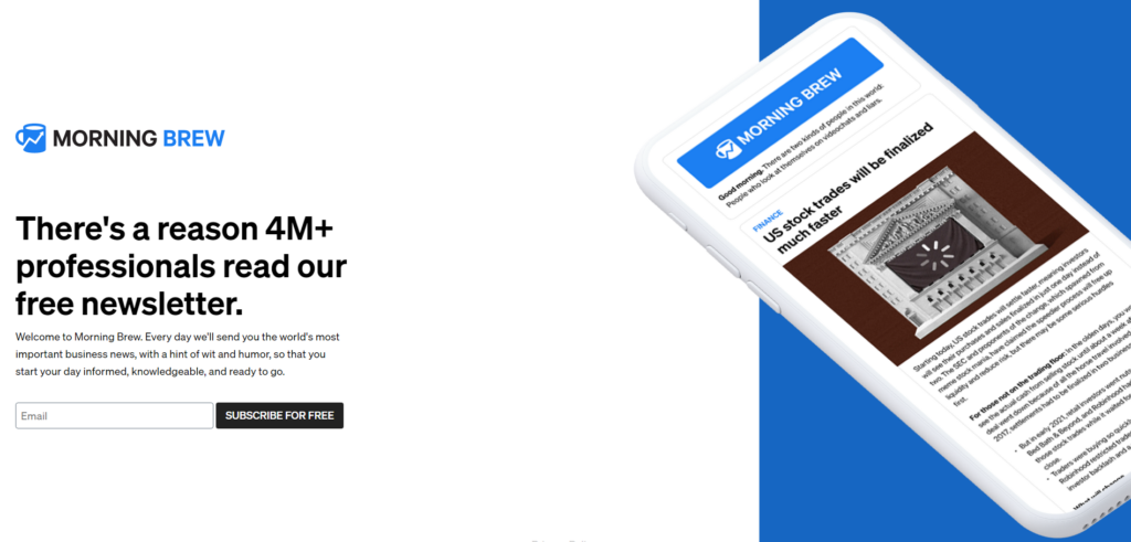 A smartphone displaying the Morning Brew newsletter, highlighting business news with a call-to-action to subscribe for free.