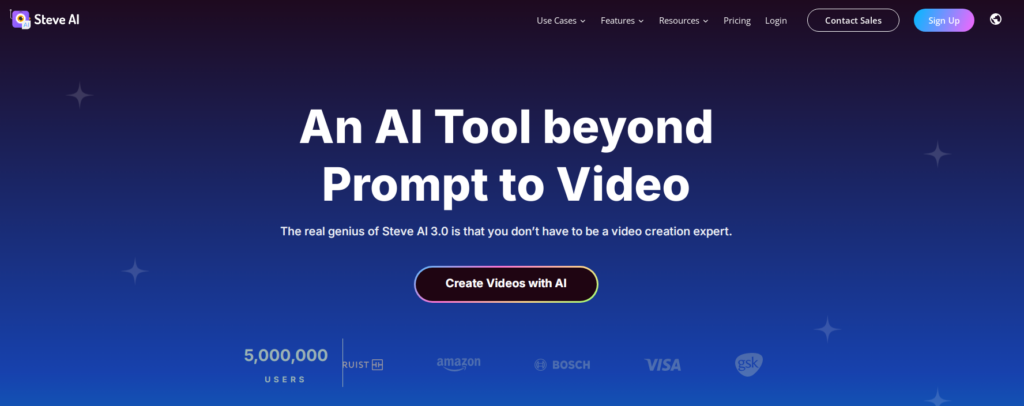 A promotional banner for Steve AI highlighting its video creation capabilities, showcasing its user-friendly approach and five million users.