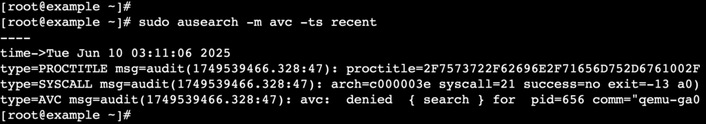 A terminal output shows the AVC denial messages