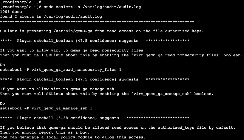 A terminal output shows the recent SELinux denials from the audit log
