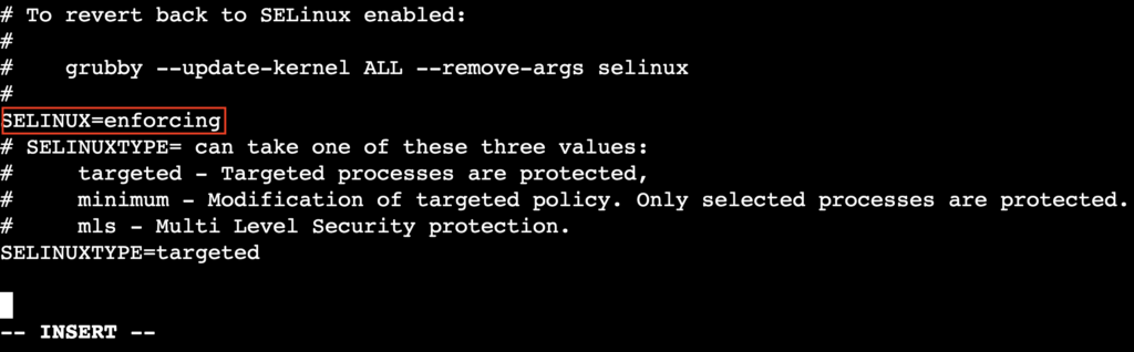 The SELinux configuration file's directive value in the vi text editor