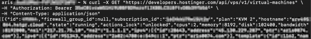 The cURL command API call output