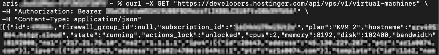 The cURL command's API call output