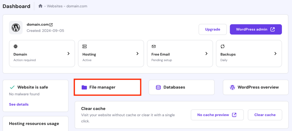 The File Manager button on hPanel WordPress website management dashboard