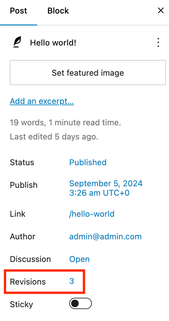 The Revisions menu of WordPress's post editor