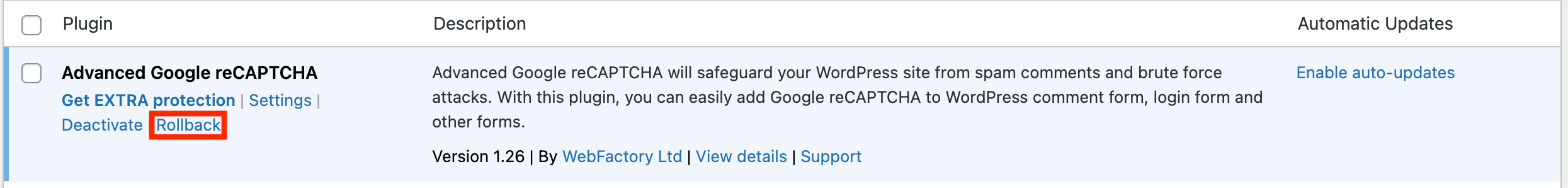 The Rollback option on an installed plugin
