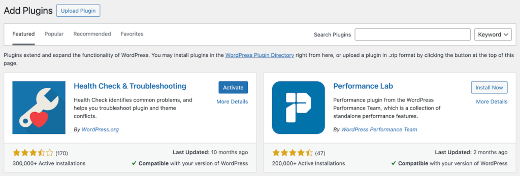 The Add Plugins menu in WordPress admin panel