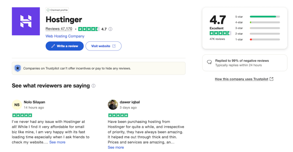 The Hostinger review page on Trustpilot