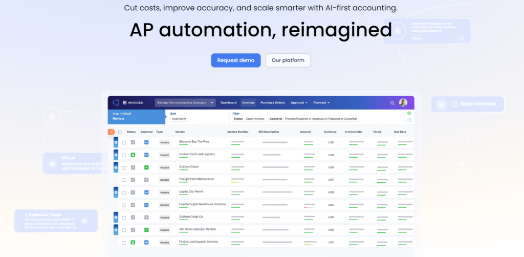 AI-driven AP automation software showing invoice management features and approval statuses for various vendors.