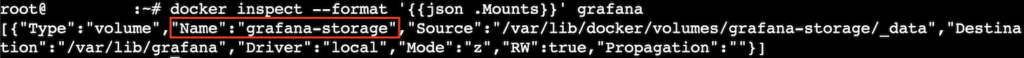 Terminal window showing results of filtered docker inspect command for grafana container - Name grafana-storage highlighted