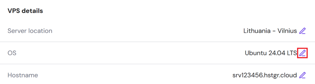Hostinger Ubuntu VPS details section with the edit option near Operating System highlighted.