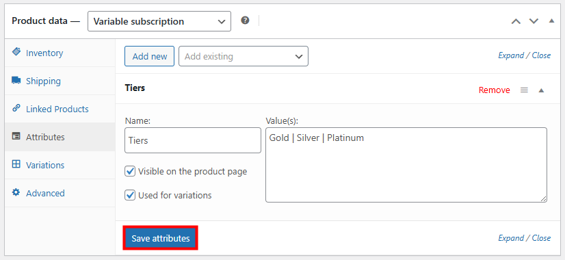 The product data settings on a WooCommerce product showing the attribute creator of a variable product