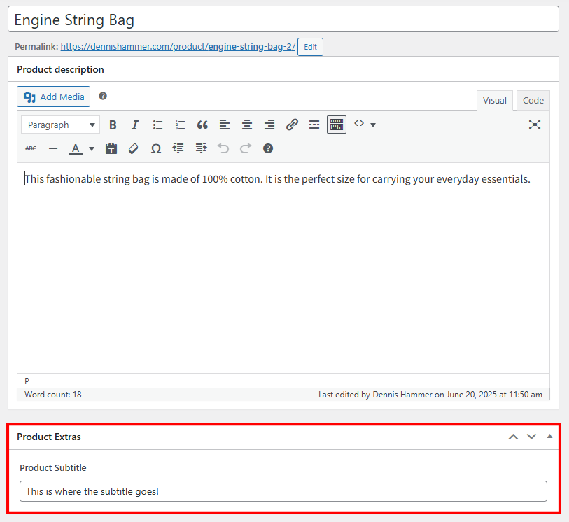 WooCommerce product editor showing the custom field box created by ACF