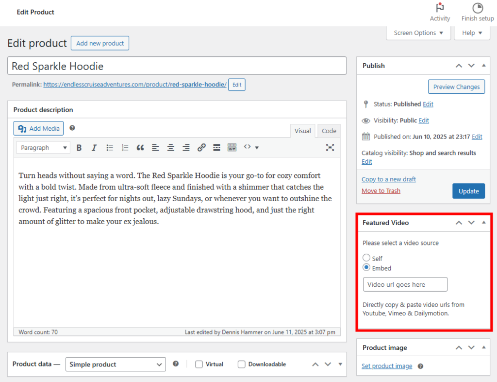 WooCommerce product editor with the "Featured Video" box highlighted