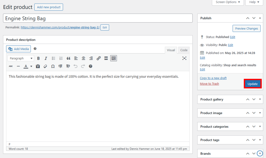WooCommerce product editor showing the Update button highlighted